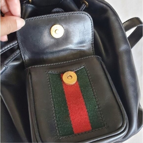 Authentic Vintage Gucci Bamboo Mini Backpack Black Leather Web Detail - Picture 9 of 15